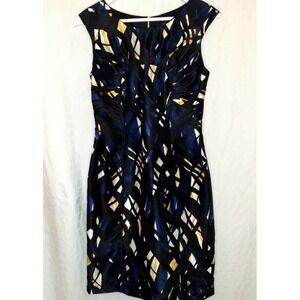 Tahari Sheath Dress Sz 2 Black Blue Lines Abstract‎ Cap Sleeve Pleated
